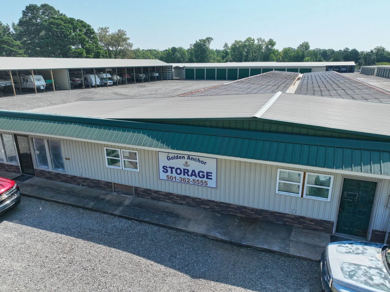 Golden Anchor Storage office and storage buildings seen from above